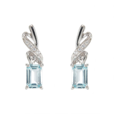 Boucles d'oreilles Pendantes en Argent 925 Rhodié Topaze bleue traitée Rectangulaire de 6x4mm et Oxydes