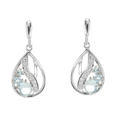 Boucles d'oreilles Pendantes en Argent 925 Rhodié Topaze bleue traitée Rondes et Oxydes