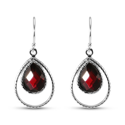 Boucles d'oreilles Pendantes en Argent et Grenat Poire Cabochon