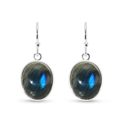 Boucles d'oreilles Pendantes en Argent et Labradorite Ovale Cabochon 12x10mm