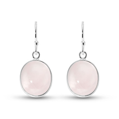 Boucles d'oreilles Pendantes en Argent et Quartz Rose Ovale Cabochon 12x10mm