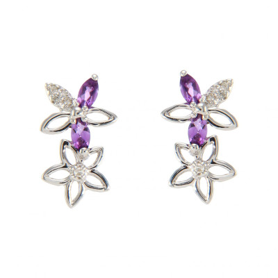 Boucles d'oreilles Pendantes Fleurs Or Blanc 375 Améthyste et Diamant