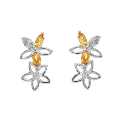 Boucles d'oreilles Pendantes  Fleurs Or Blanc 375 Citrine et Diamant
