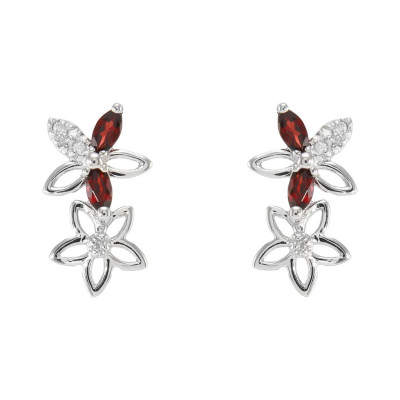 Boucles d'oreilles Pendantes Fleurs Or Blanc 375 Grenat et Diamant