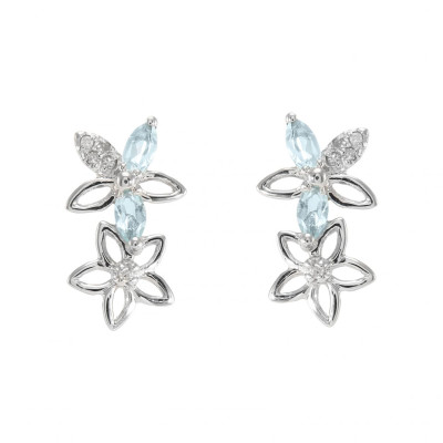 Boucles d'oreilles Pendantes Fleurs Or Blanc 375 Topaze bleue traitée et Diamant