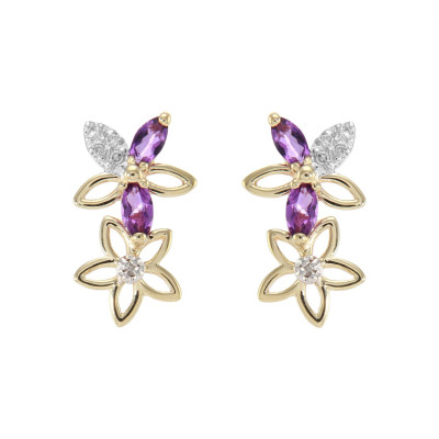 Boucles d'oreilles Pendantes  Fleurs Or Jaune 375 Améthyste et Diamant