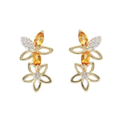 Boucles d'oreilles Pendantes  Fleurs Or Jaune 375 Citrine et Diamant
