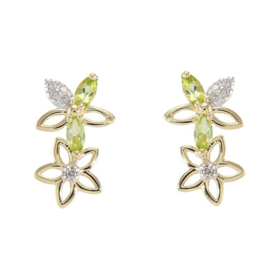 Boucles d'oreilles Pendantes  Fleurs Or Jaune 375 Péridot et Diamant