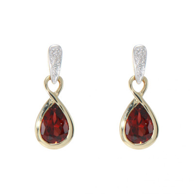 Boucles d'oreilles Pendantes  Infini Or Jaune 375 Grenat et Diamant