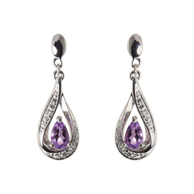Boucles d'oreilles Pendantes Or Blanc 375 Améthyste poire de 5x3mm et Diamants