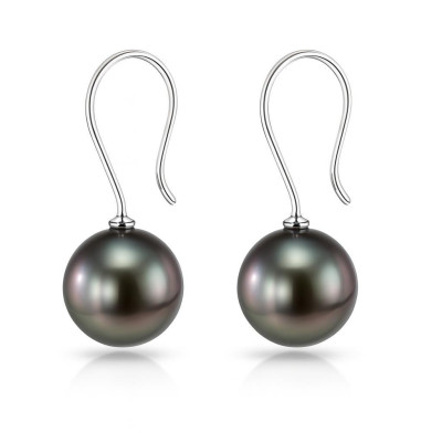 Boucles d'oreilles Pendantes Or Blanc 750 Perle de culture de Tahiti 9.5-10mm