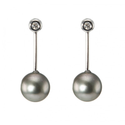 Boucles d'oreilles Pendantes Or Blanc 750 Perle de culture de Tahiti AAA et Diamant