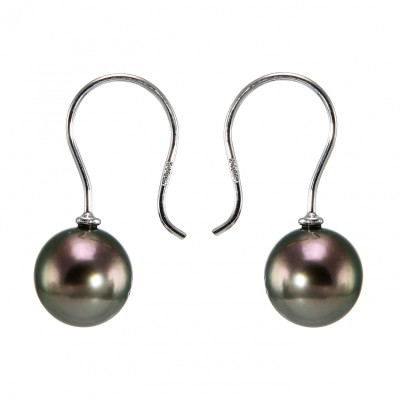 Boucles d'oreilles pendantes Or blanc 750 perles de culture de Tahiti 8.5mm AAA