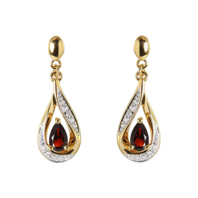 Boucles d'oreilles Pendantes Or Jaune 375 Grenat poire de 5x3mm et Diamants