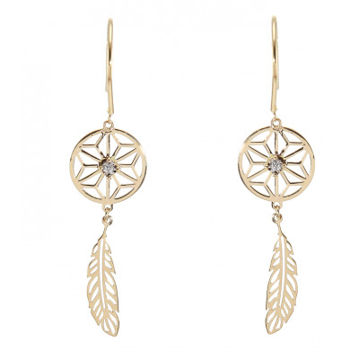 Boucles d'oreilles pendantes Or Jaune 750 attrape rêve et diamant