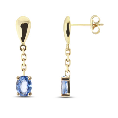 Boucles d'oreilles pendantes Or Jaune 750 Saphir de Ceylan AAA Ovale  7x5mm