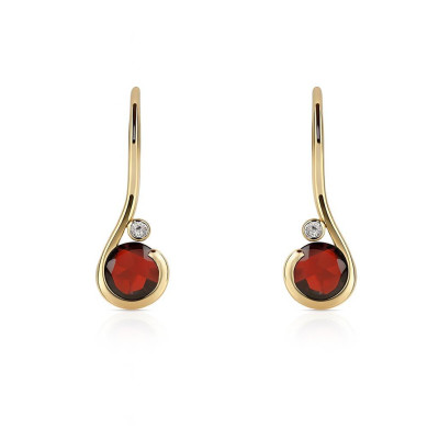 Boucles d'oreilles Pendantes Or Jaune Grenat 6mm et Diamant