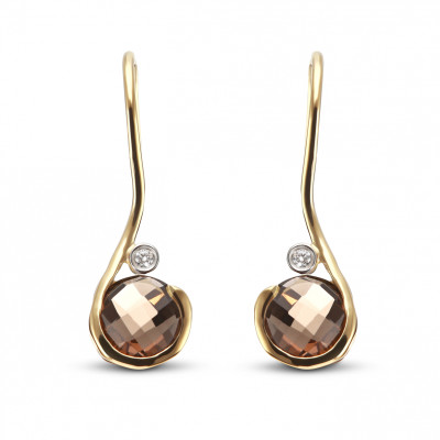 Boucles d'oreilles Pendantes Or Jaune Quartz Fumé 6mm et Diamant