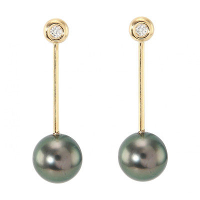 Boucles d'oreilles Pendantes Perle de culture de Tahiti AAA 9mm et Diamant Or Jaune 750
