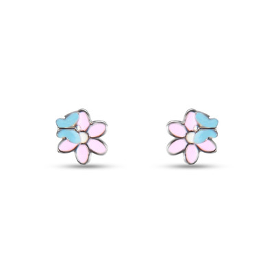 Boucles d'oreilles Puces Argent Enfant Fleur et Papillon Email