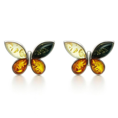 Boucles d'oreilles puces argent et ambre multicolore papillon