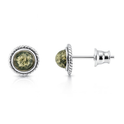 Boucles d'oreilles puces argent et ambre verte