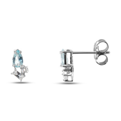Boucles d'oreilles Puces Argent Rhodié Topaze bleue traitée et Oxydes de zirconium