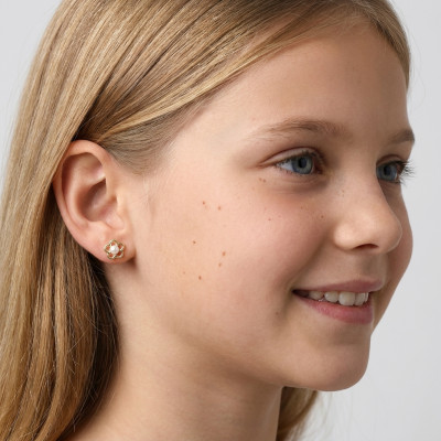 Boucles d'oreilles puces en Or Jaune 375 fleur et perle de culture, vue 7