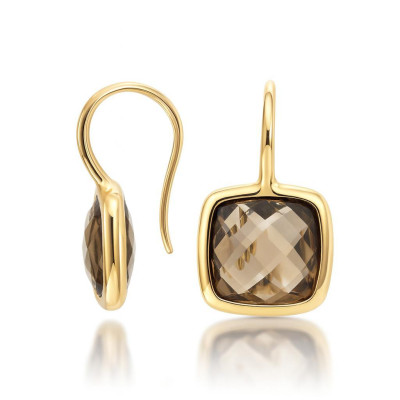 Boucles d'oreilles Quartz Fumé Coussin 8mm Or Jaune 750