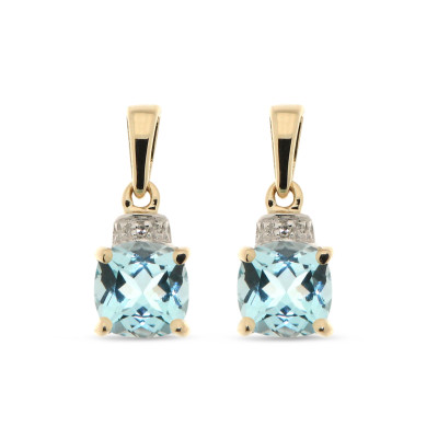 Boucles d'oreilles  Topaze bleue traitée Coussin 6mm et Diamant en Or Blanc 375 