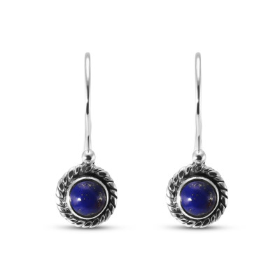 Boucles d'oreilles Vintage Pendantes Argent 925 et Lapis Lazuli Rond 5mm 