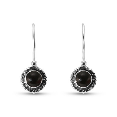 Boucles d'oreilles Vintage Pendantes Argent 925 et Onyx Rond 5mm 