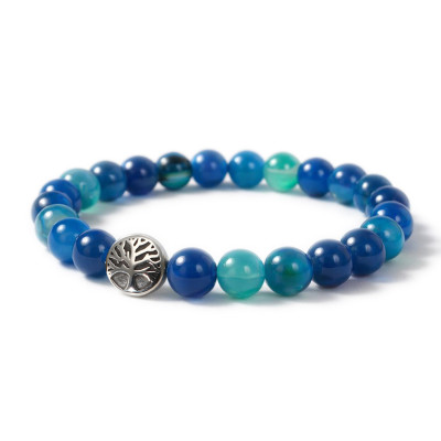 Bracelet Agate Bleue 8mm et Arbre de vie en Acier