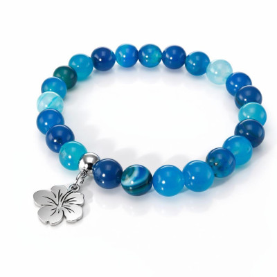 Bracelet Agate Bleue 8mm et Breloque Hibiscus en Acier