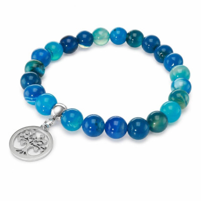 Bracelet Agate Bleue Teintée 8mm et Breloque Arbre de Vie en acier