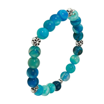 Bracelet Agate Bleue Teintée 8mm et Motif Fleur en métal