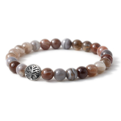 Bracelet Agate Botswana 8mm et Arbre de vie en Acier