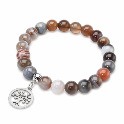 Bracelet Agate Botswana 8mm et Breloque Arbre de Vie en acier