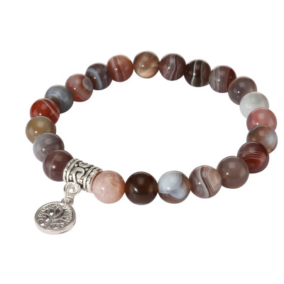 Bracelet Agate Botswana 8mm et Breloque Arbre de Vie en métal