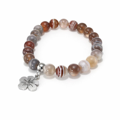 Bracelet Agate Botswana 8mm et Breloque Hibiscus en Acier