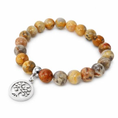 Bracelet Agate Crazy Lace 8mm et Breloque Arbre de Vie en acier