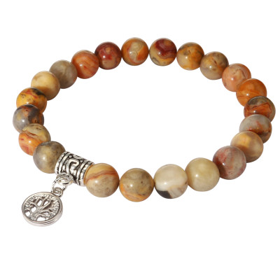 Bracelet Agate Crazy Lace 8mm et Breloque Arbre de Vie en métal