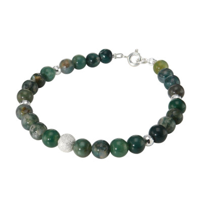 Bracelet Agate Mousse 6mm et Argent
