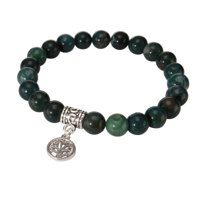 Bracelet Agate Mousse 8mm et Breloque Arbre de Vie en métal