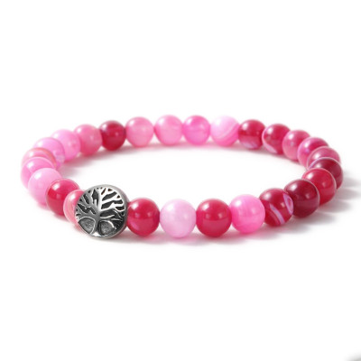 Bracelet Agate Rose 8mm et Arbre de vie en Acier