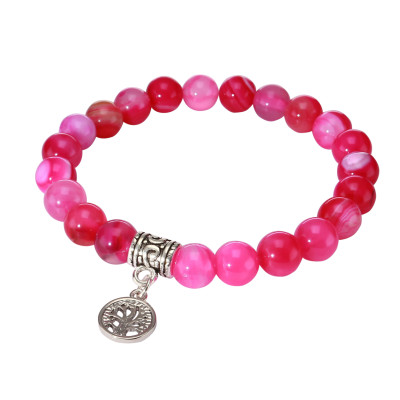Bracelet Agate Rose Teintée 8mm et Breloque Arbre de Vie en métal