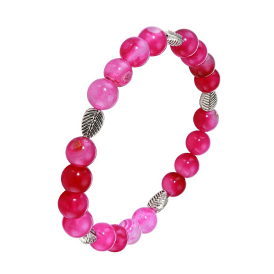Bracelet Agate Rose Teintée 8mm et Motif Feuille en métal