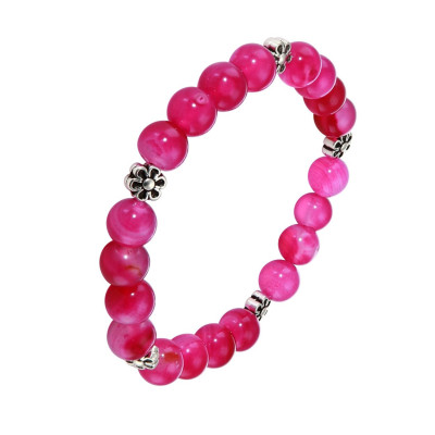 Bracelet Agate Rose Teintée 8mm et Motif Fleur en métal