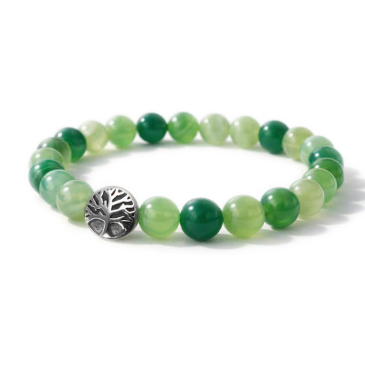 Bracelet Agate Verte 8mm et Arbre de vie en Acier