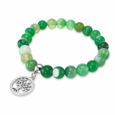 Bracelet Agate Verte Teintée 8mm et Breloque Arbre de Vie en acier